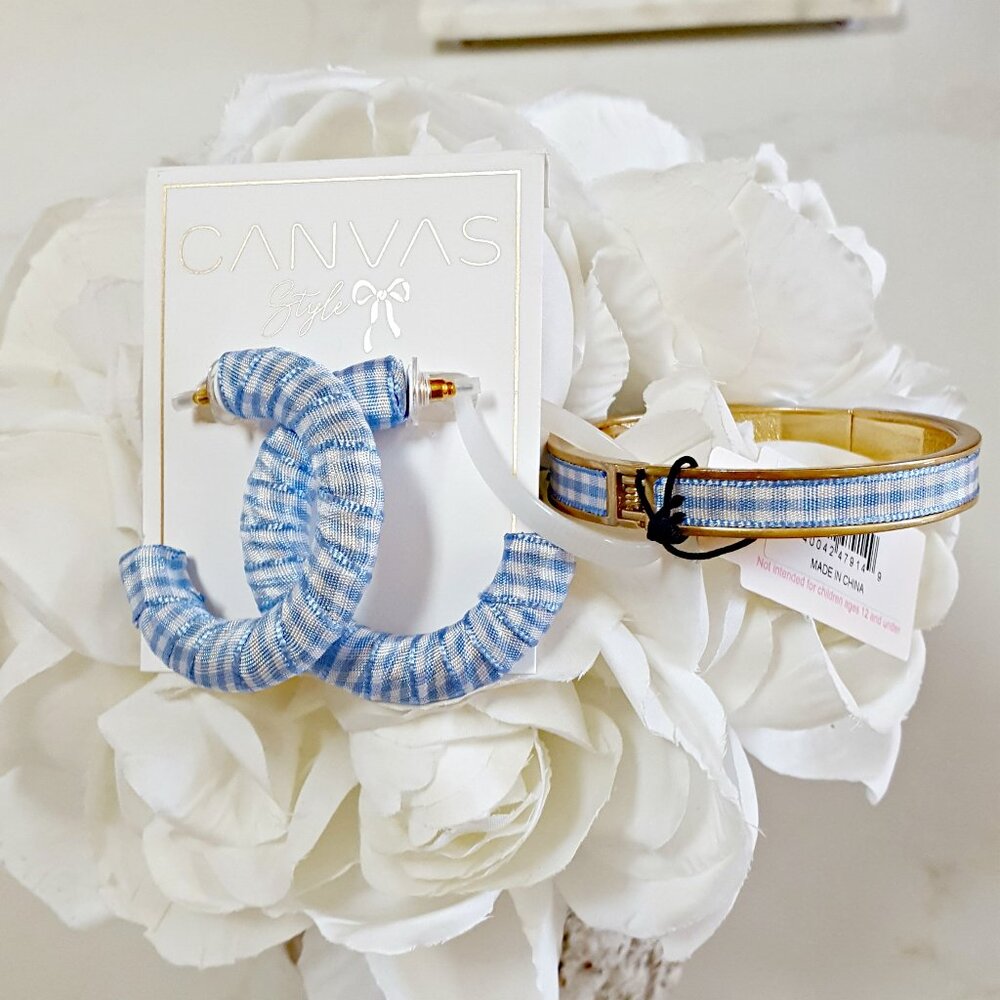 NEW! PREPPY Gingham FABRIC EARRINGS Bracelet SET - Picture 3 of 3